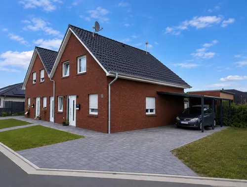 Doppelhaus mit Carport in Twist, Straßenansicht bei blauem Himmel