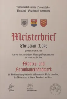 Meisterbrief von Christian Lake für das Maurer- und Betonbauerhandwerk