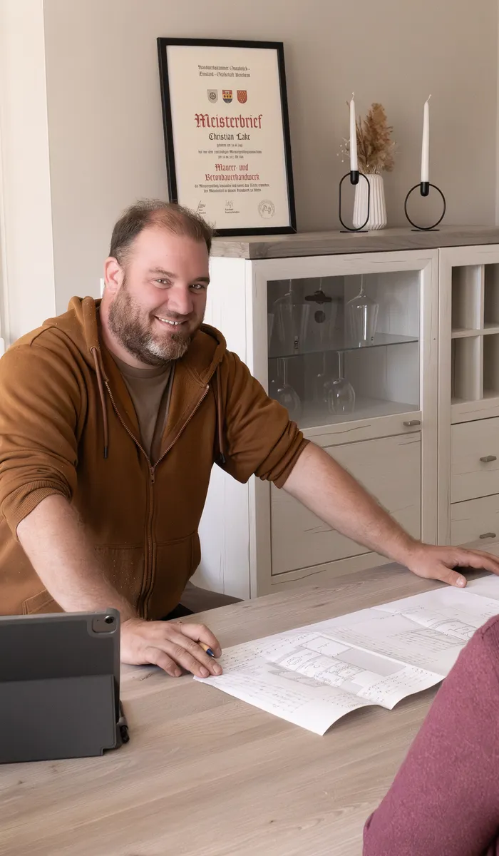 Christian Lake, Inhaber von Lake Bauplanung, am Schreibtisch mit Bauplan